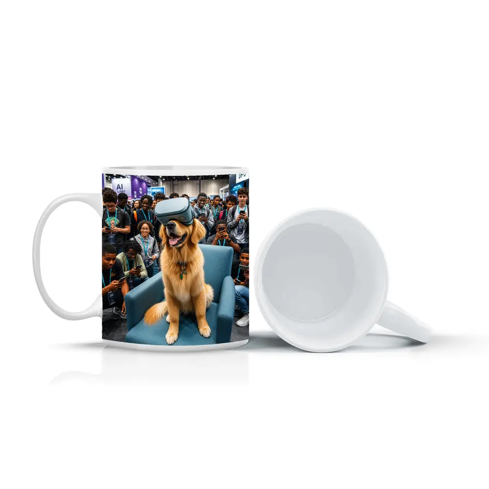 Golden Retriever Wearing VR Headset Tech Expo – Mugs