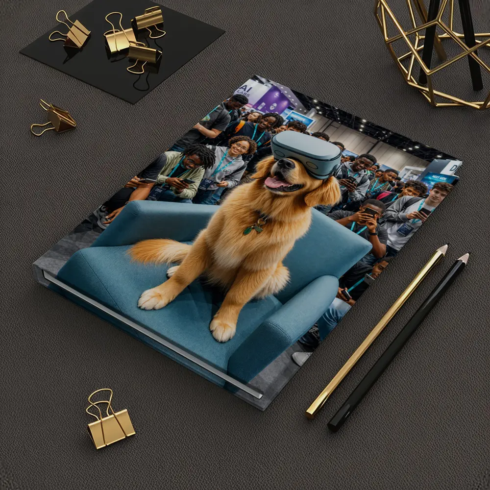 Golden Retriever Wearing VR Headset Tech Expo – Notebooks