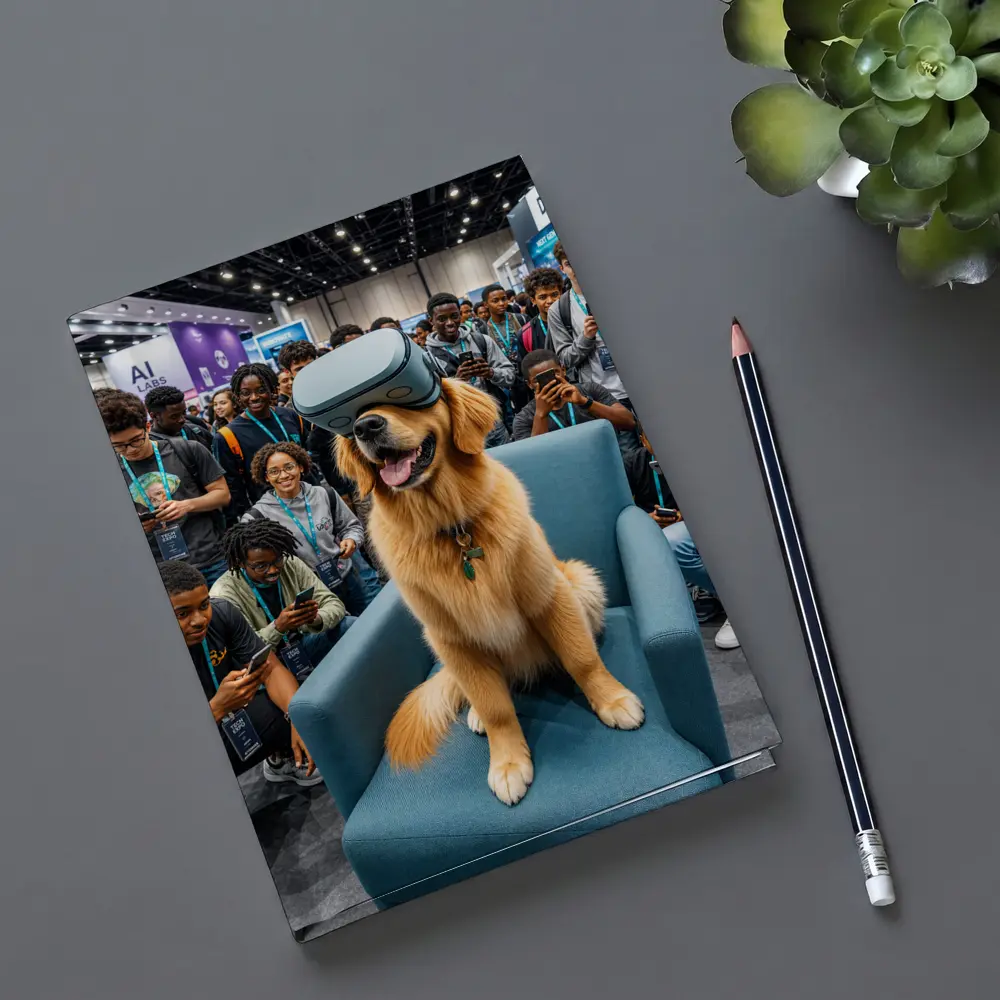 Golden Retriever Wearing VR Headset Tech Expo – Notebooks