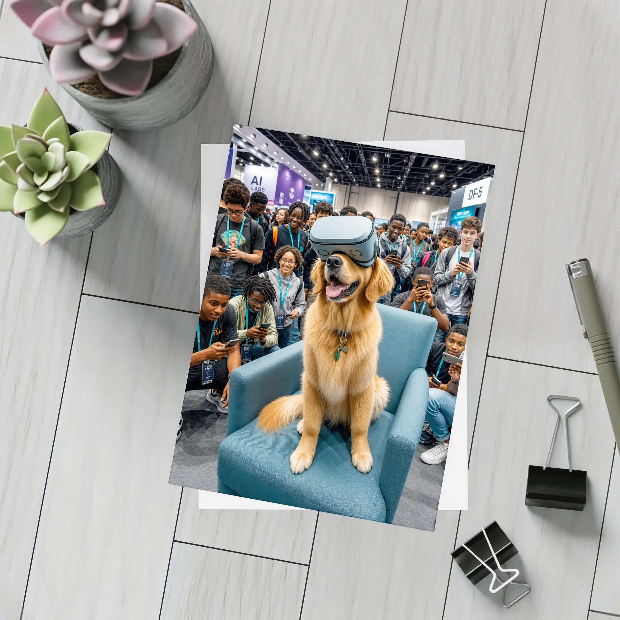 Golden Retriever Wearing VR Headset Tech Expo – Postcards
