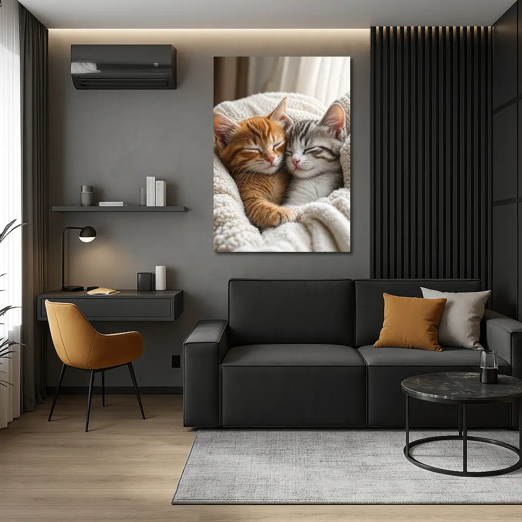 Two Sleeping Kittens Cuddled In Blanket – Wall Art