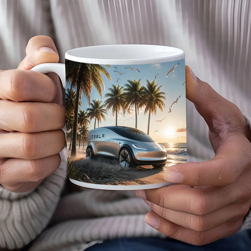 Tesla Concept Car Sunny Tropical Beach – Mugs