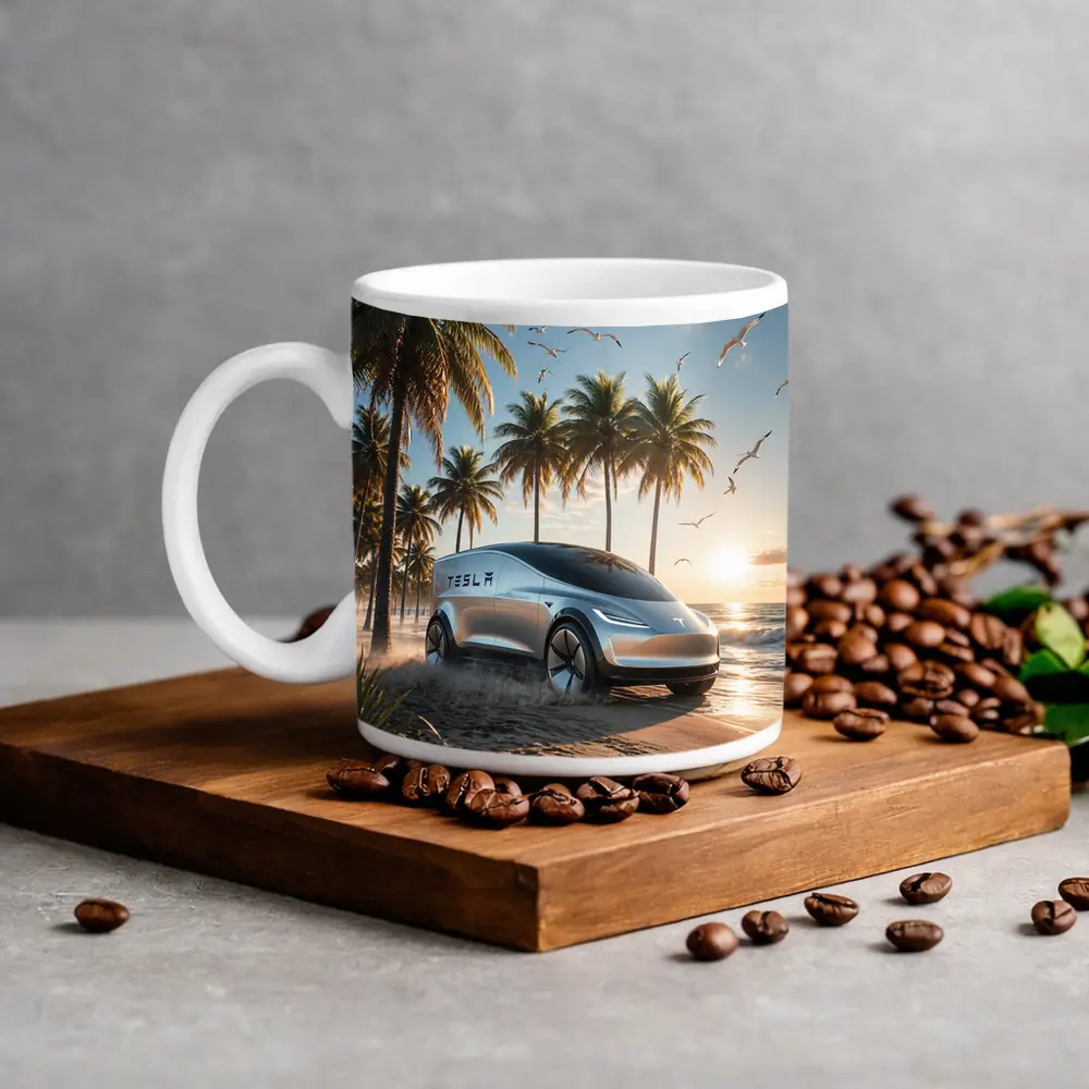 Tesla Concept Car Sunny Tropical Beach – Mugs