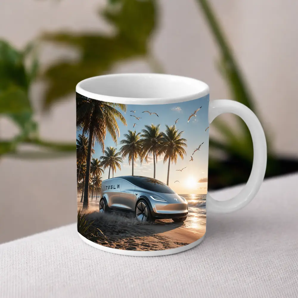 Tesla Concept Car Sunny Tropical Beach – Mugs