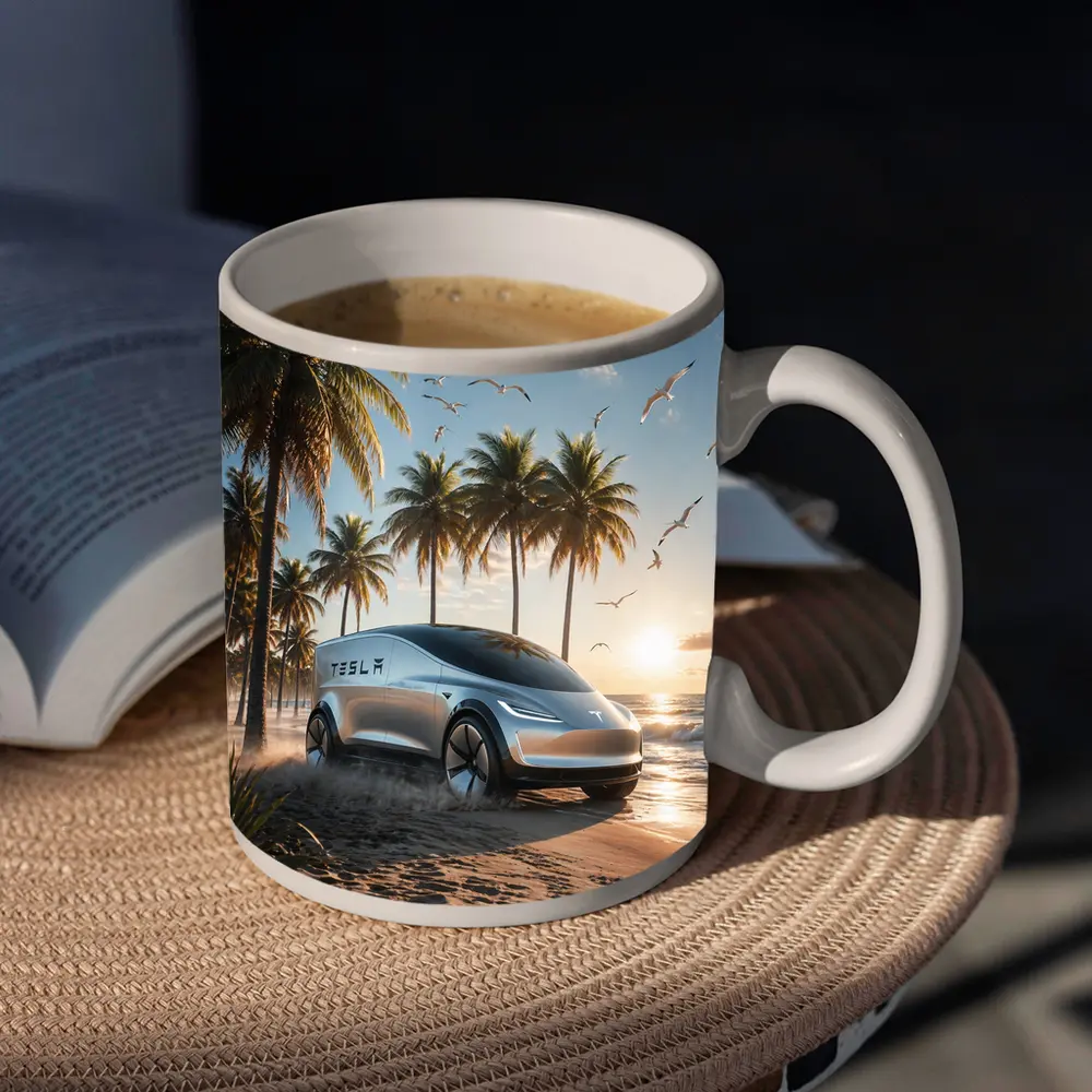 Tesla Concept Car Sunny Tropical Beach – Mugs