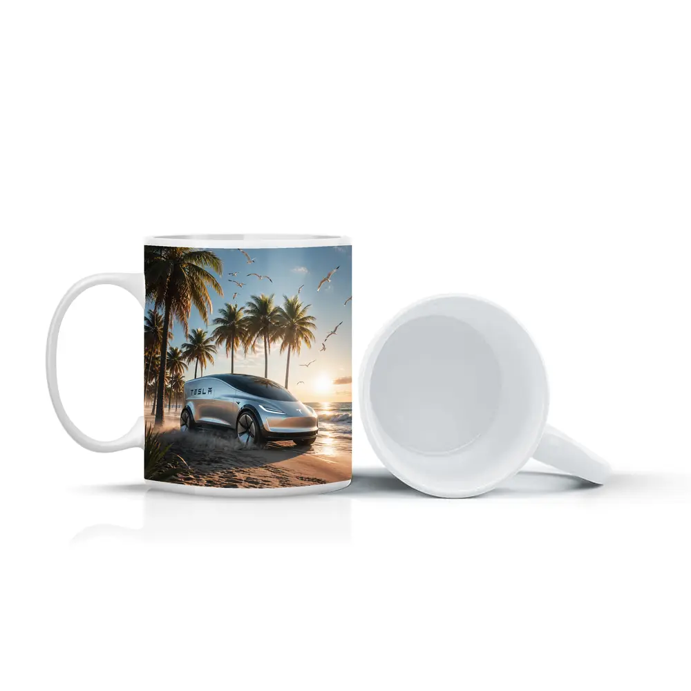Tesla Concept Car Sunny Tropical Beach – Mugs