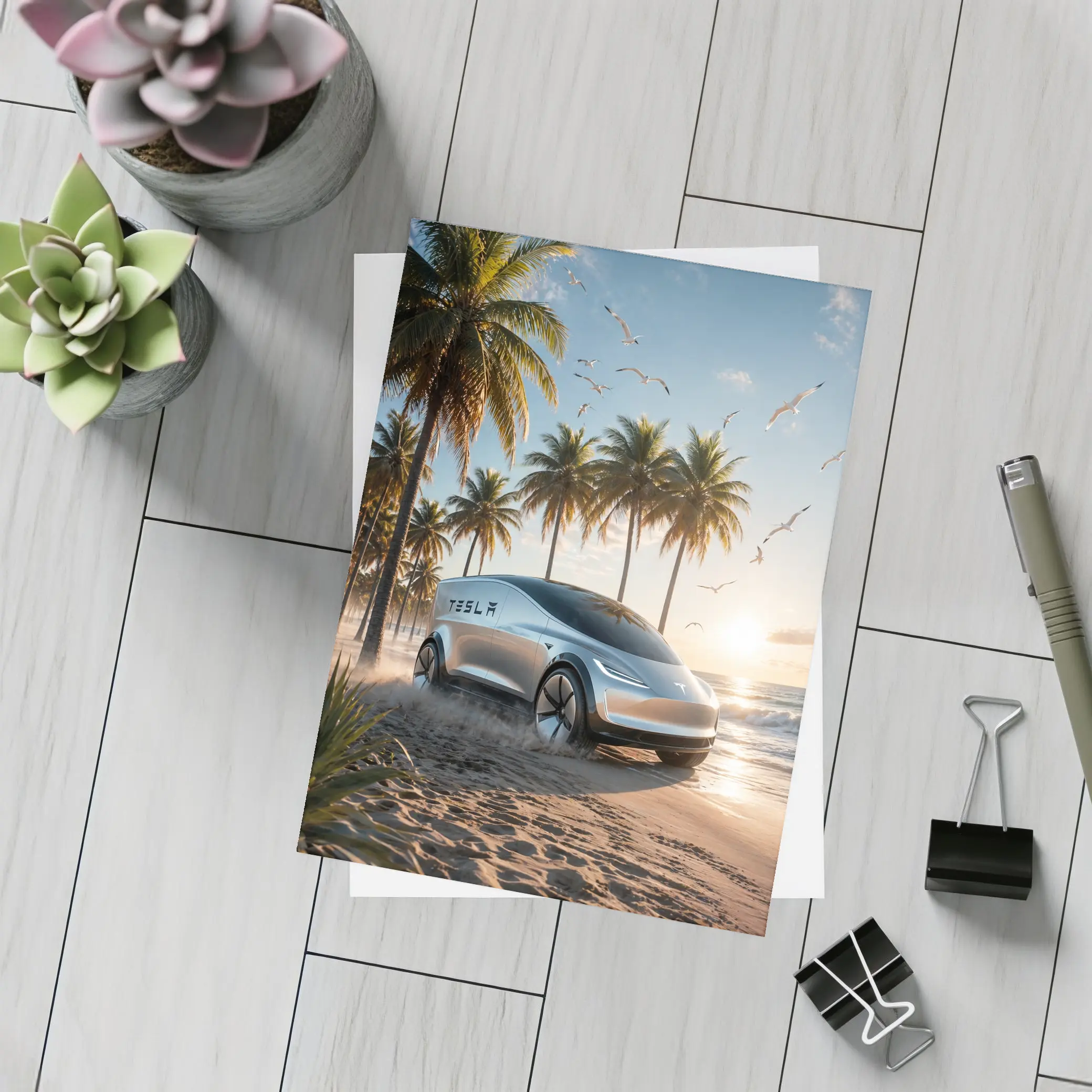 Tesla Concept Car Sunny Tropical Beach – Postcards
