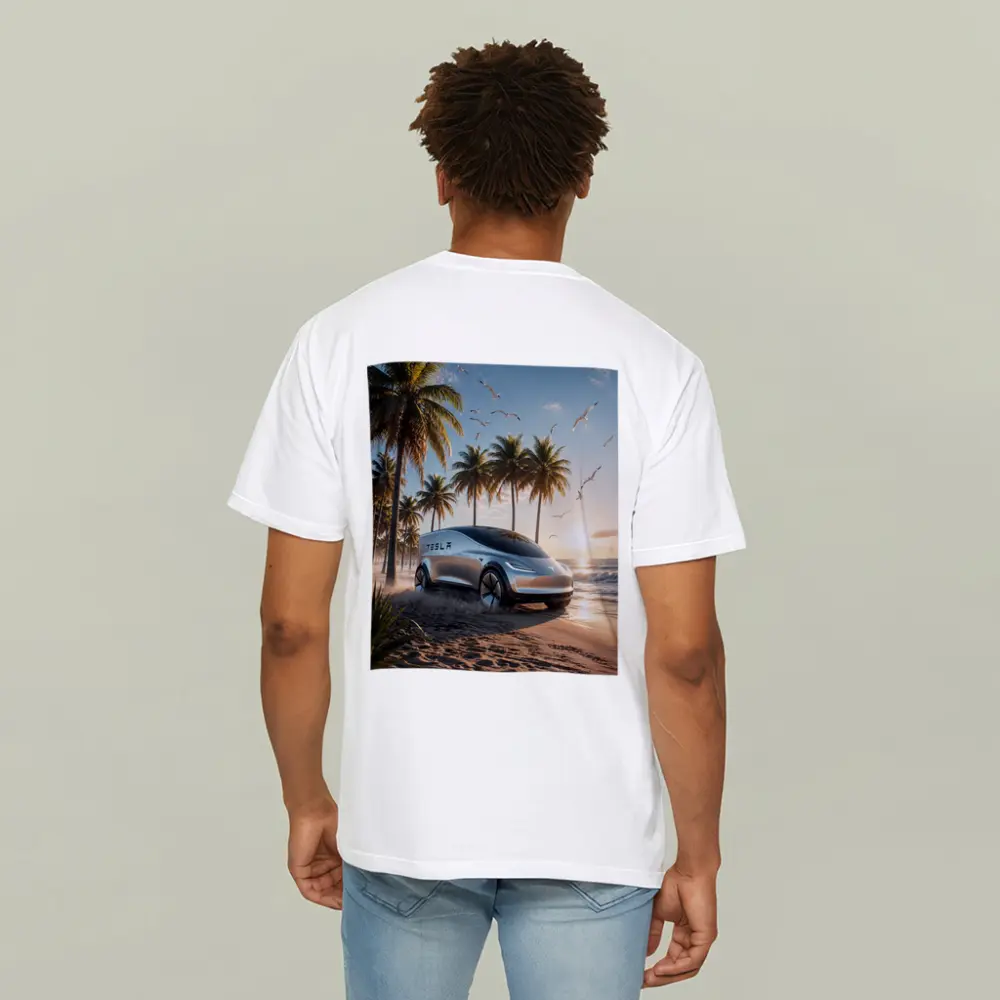 Tesla Concept Car Sunny Tropical Beach – T-Shirts