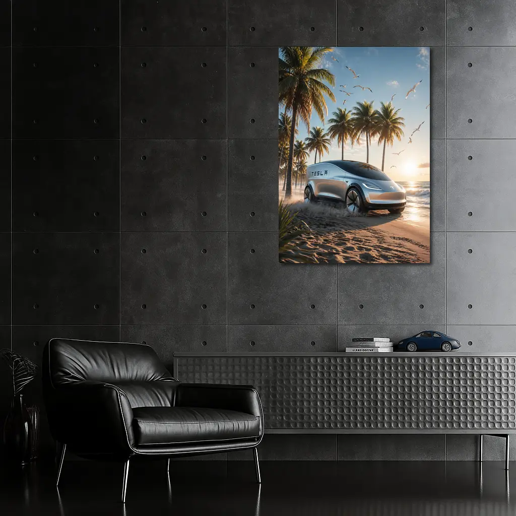 Tesla Concept Car Sunny Tropical Beach – Wall Art