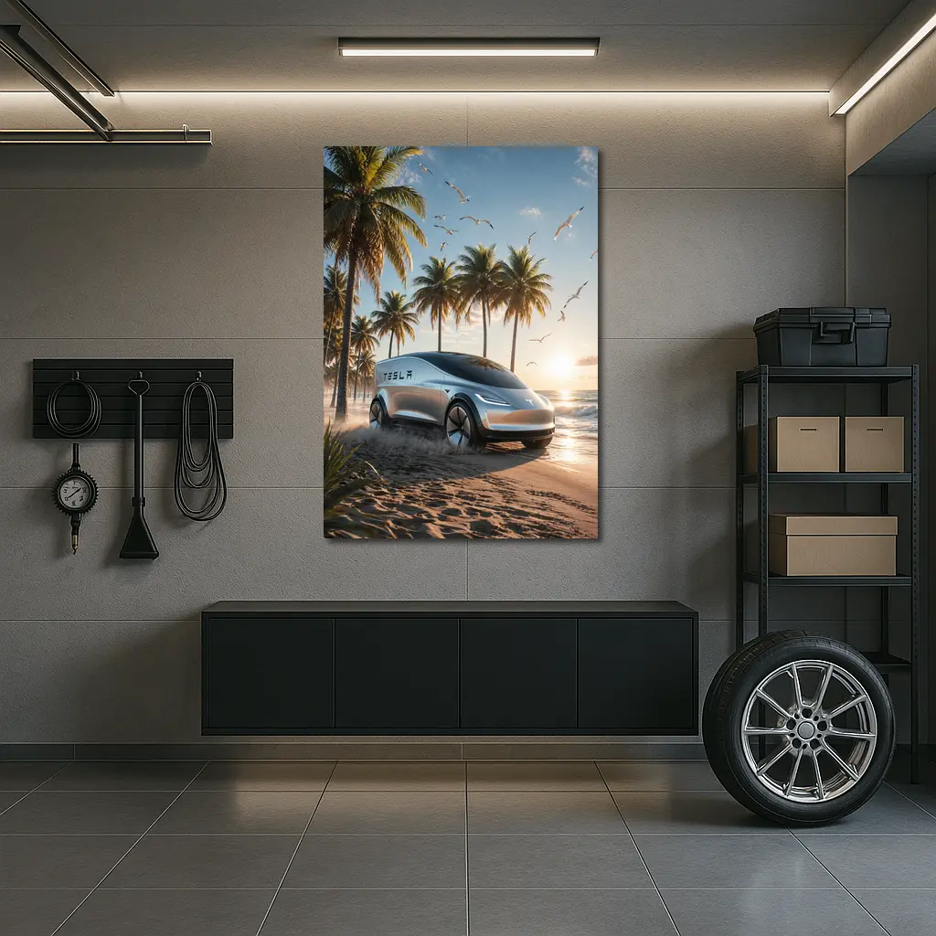 Tesla Concept Car Sunny Tropical Beach – Wall Art