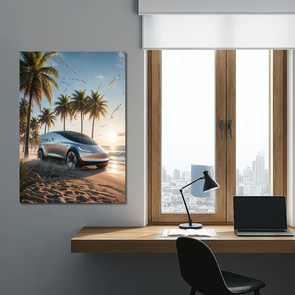 Tesla Concept Car Sunny Tropical Beach – Wall Art