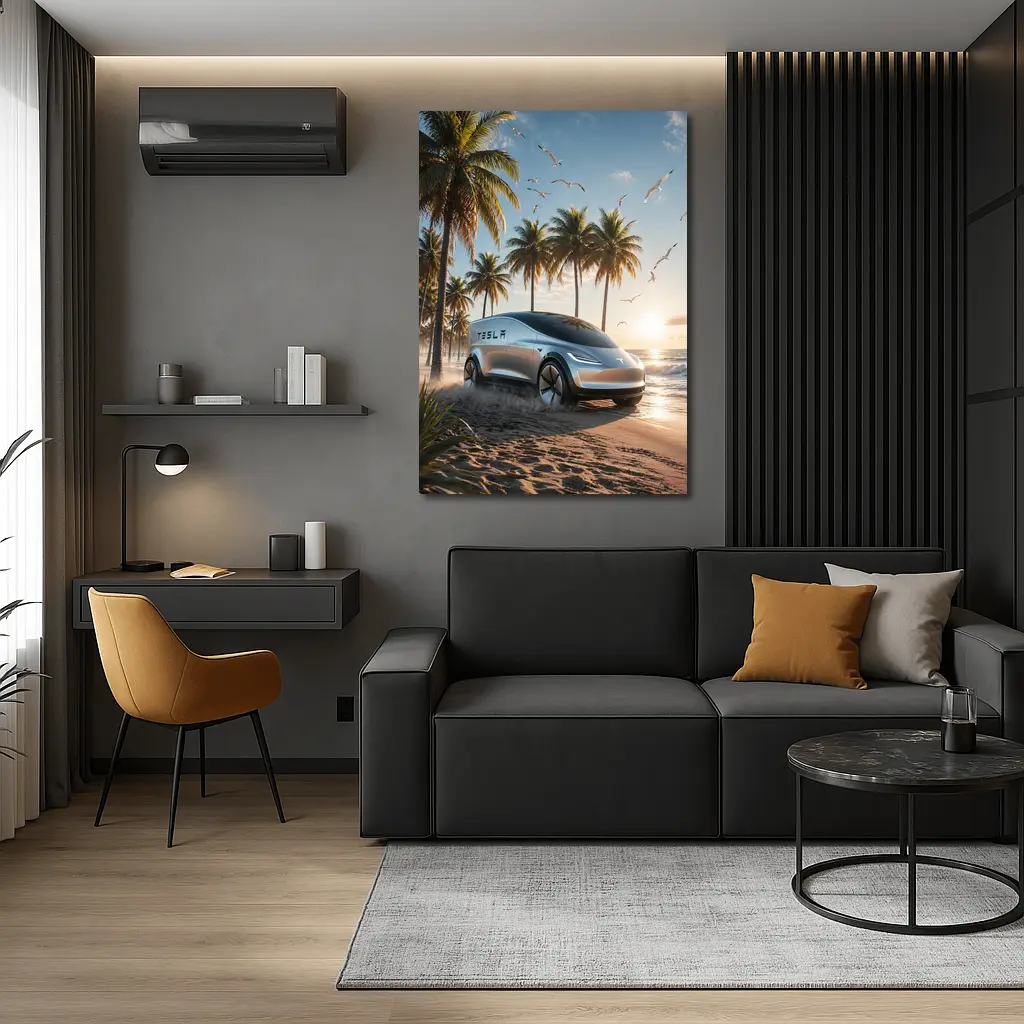 Tesla Concept Car Sunny Tropical Beach – Wall Art