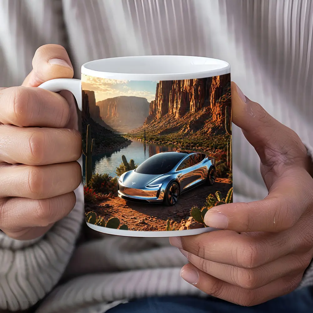Tesla Model S Desert Canyon River Scene – Mugs