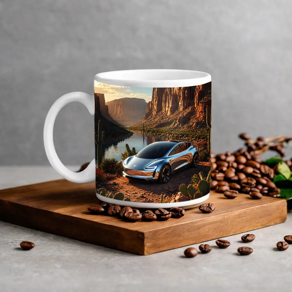 Tesla Model S Desert Canyon River Scene – Mugs