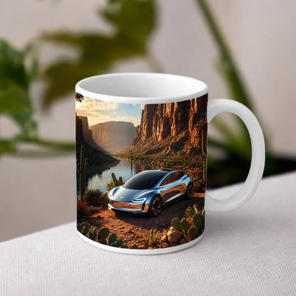 Tesla Model S Desert Canyon River Scene – Mugs