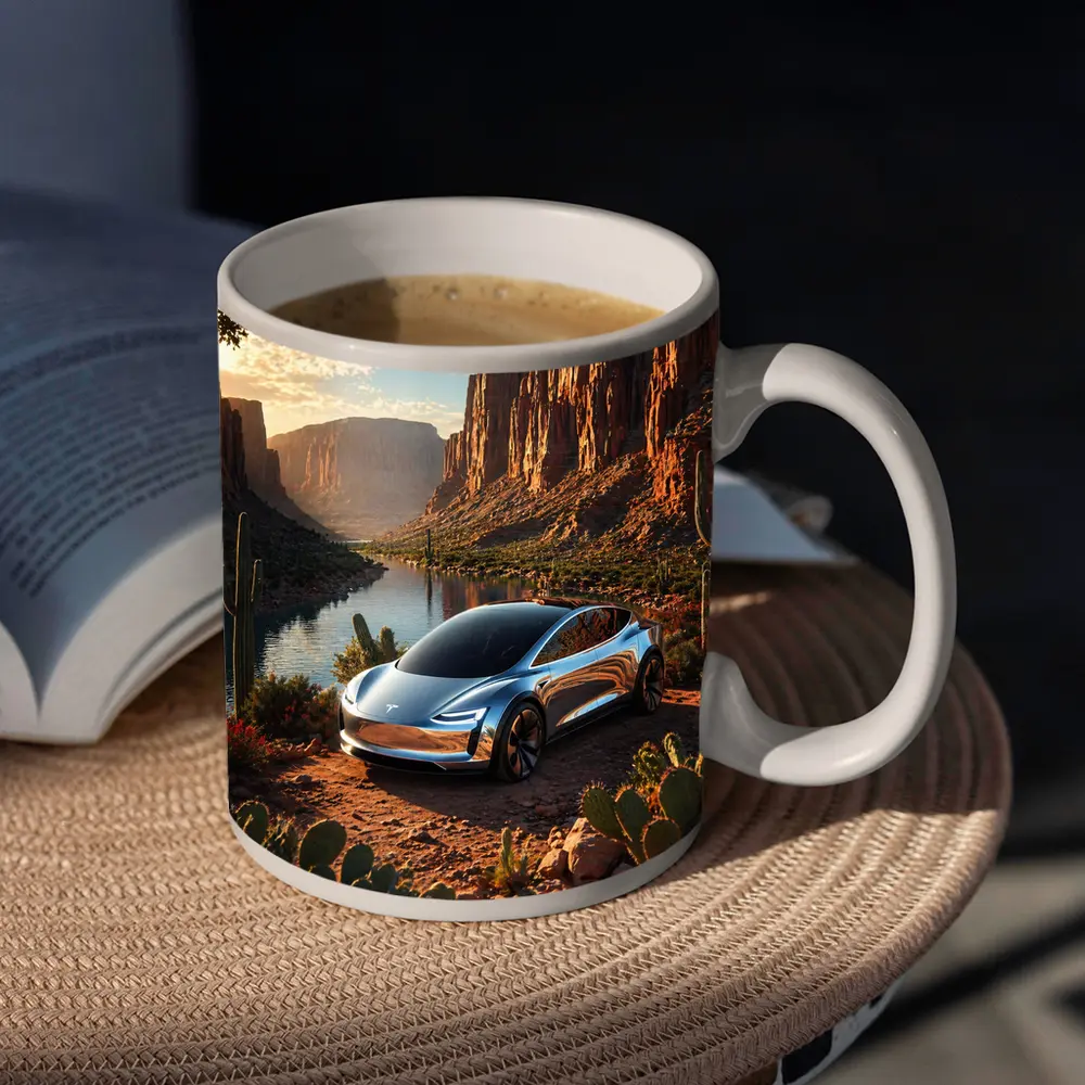 Tesla Model S Desert Canyon River Scene – Mugs