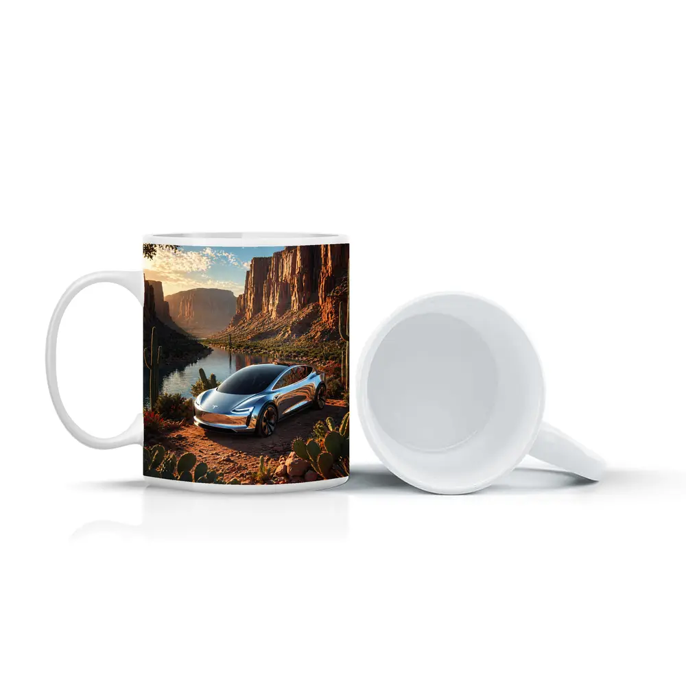 Tesla Model S Desert Canyon River Scene – Mugs