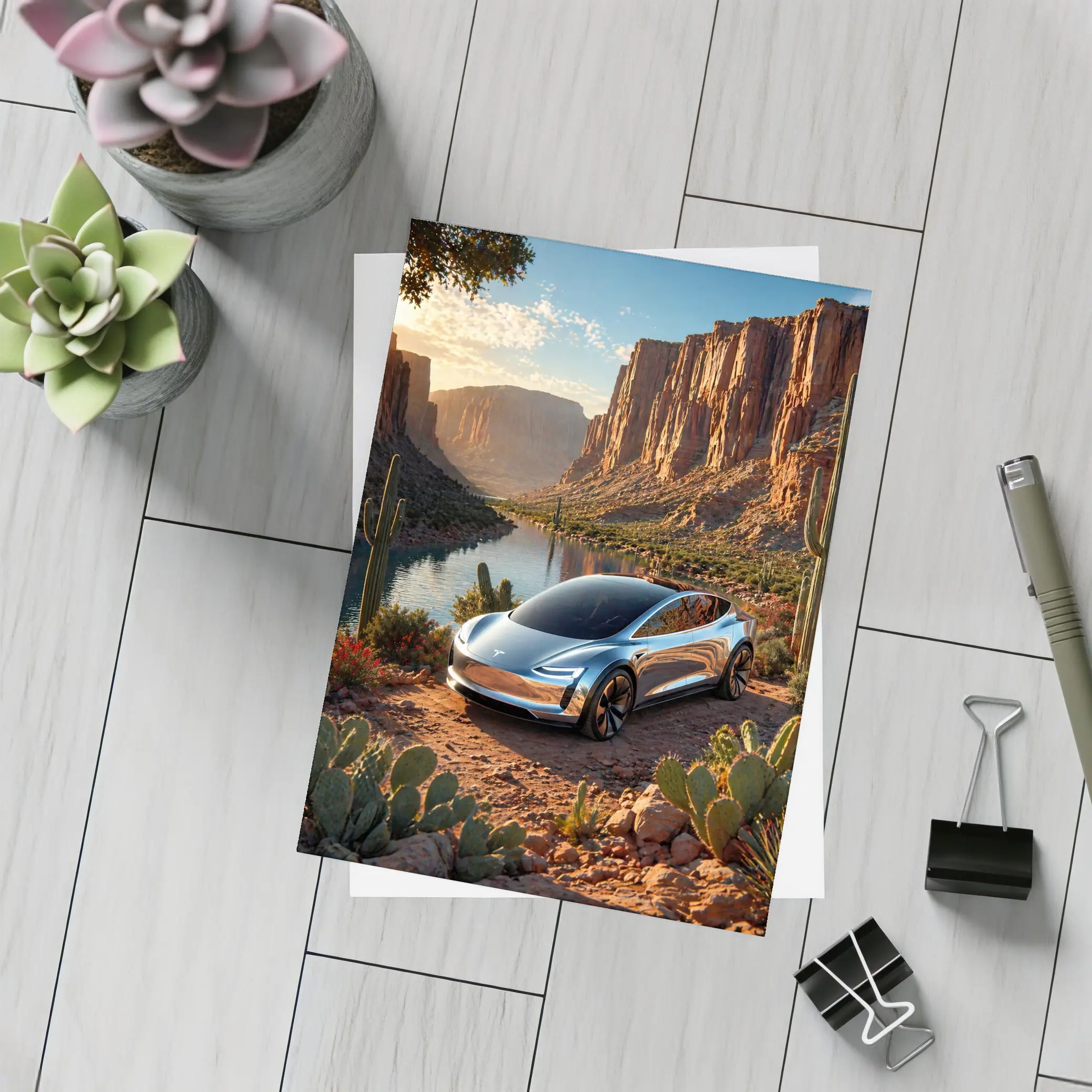 Tesla Model S Desert Canyon River Scene – Postcards