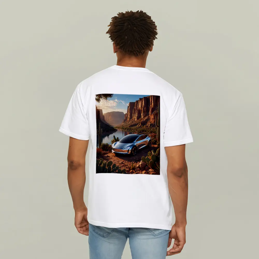 Tesla Model S Desert Canyon River Scene – T-Shirts