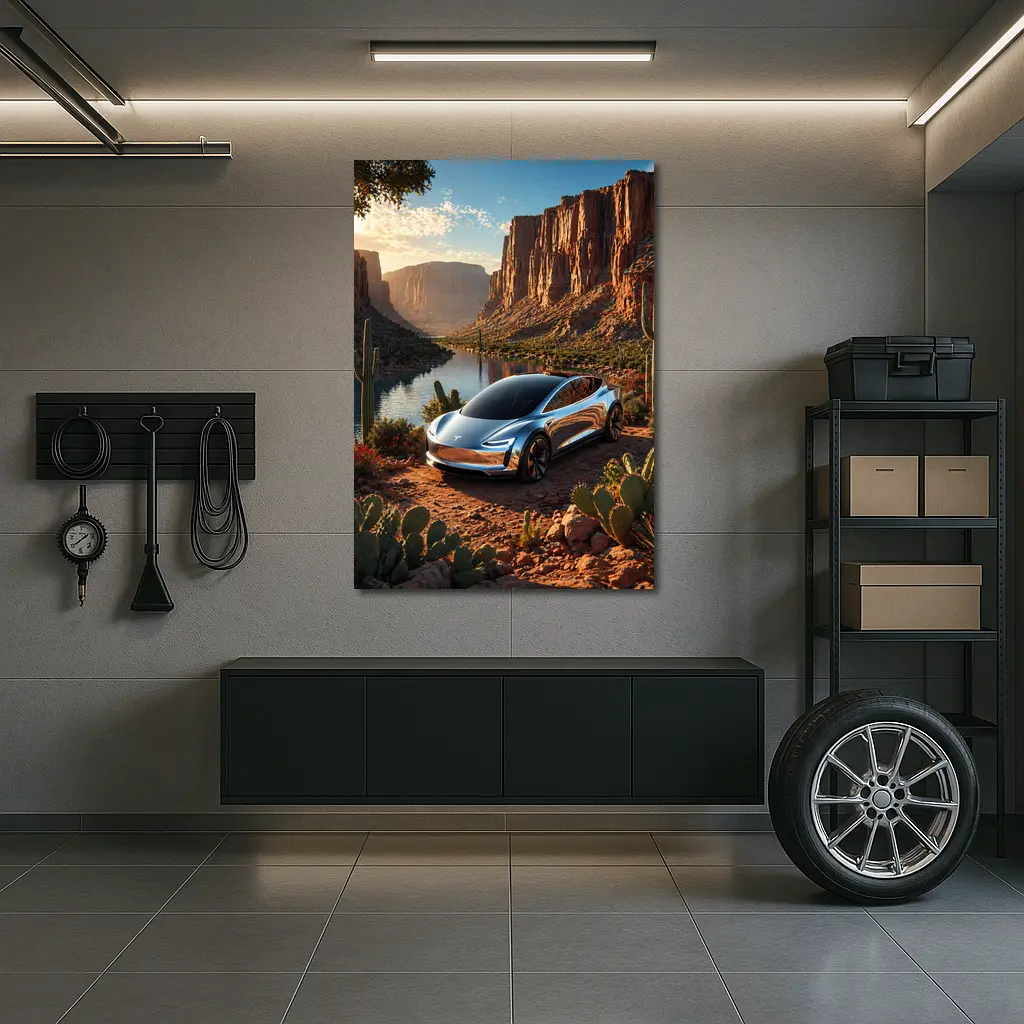 Tesla Model S Desert Canyon River Scene – Wall Art
