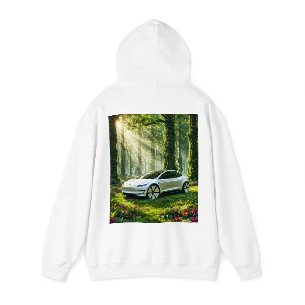 Tesla Model 3 White In Sunlit Forest – Hoodies
