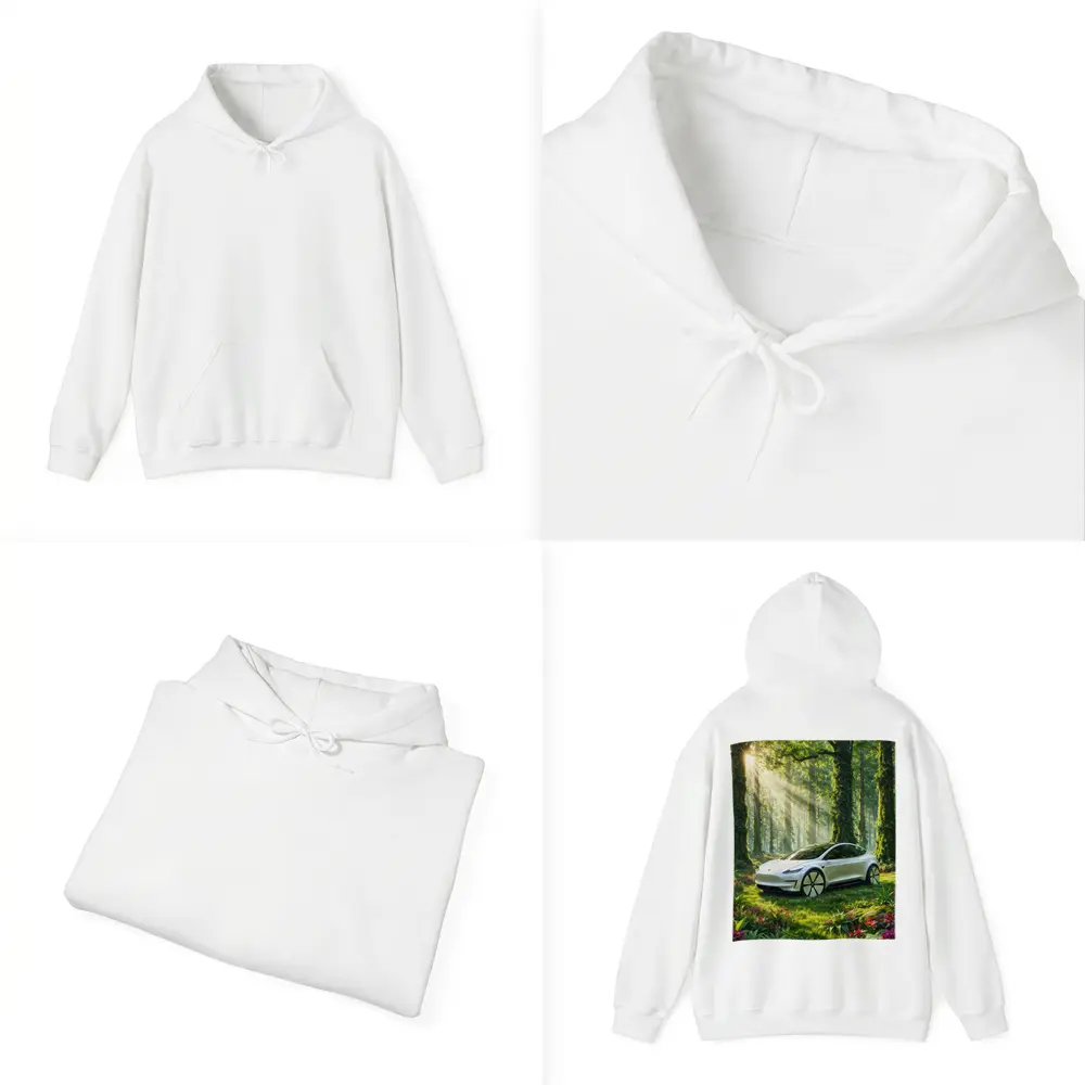Tesla Model 3 White In Sunlit Forest – Hoodies