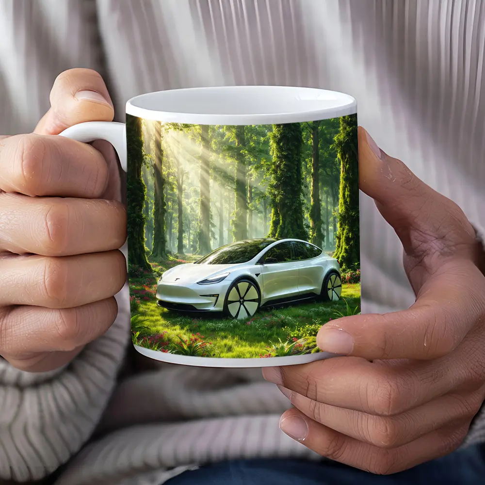 Tesla Model 3 White In Sunlit Forest – Mugs