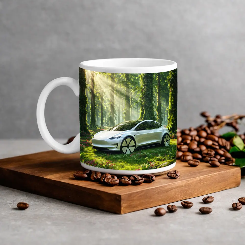 Tesla Model 3 White In Sunlit Forest – Mugs
