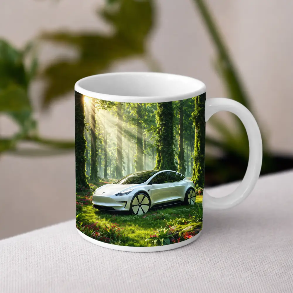 Tesla Model 3 White In Sunlit Forest – Mugs