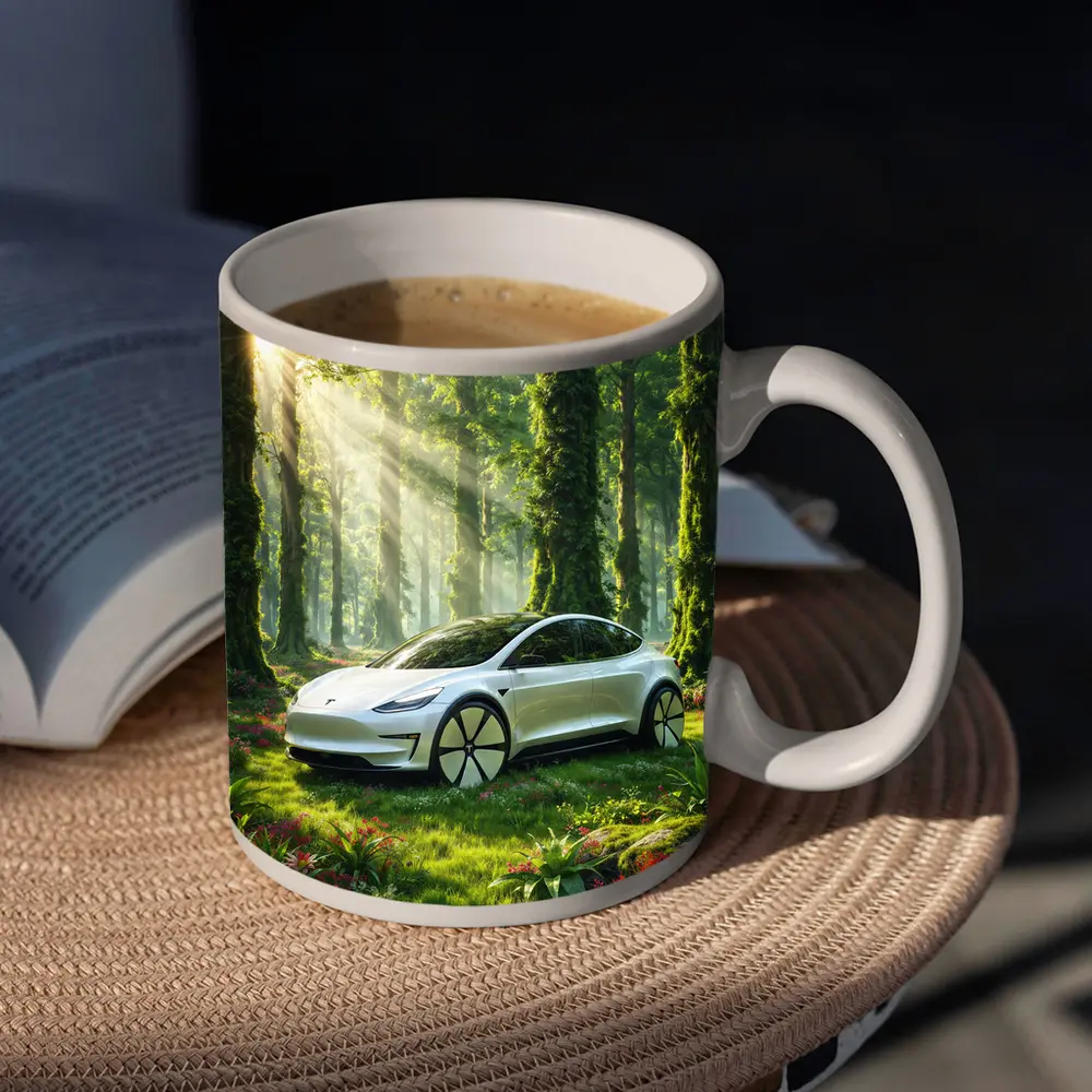 Tesla Model 3 White In Sunlit Forest – Mugs