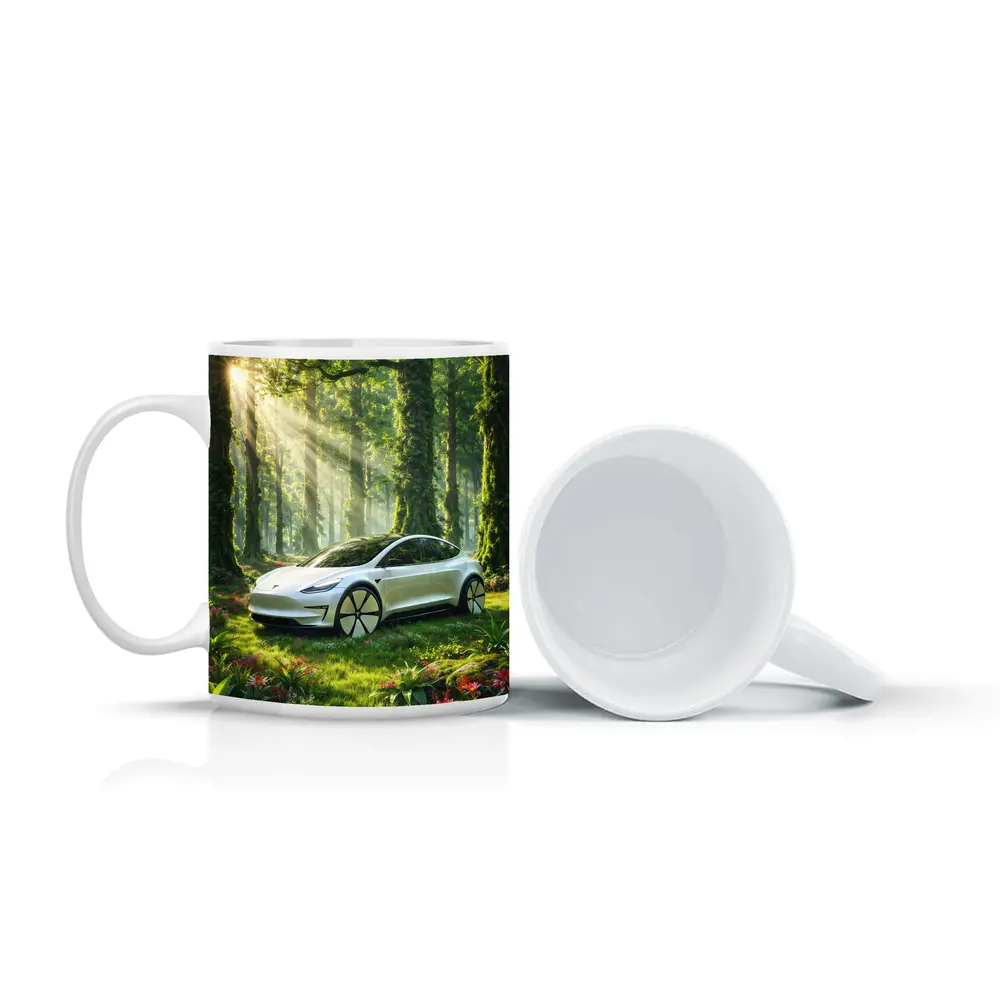 Tesla Model 3 White In Sunlit Forest – Mugs