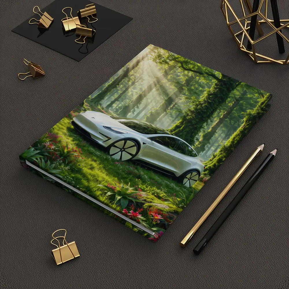 Tesla Model 3 White In Sunlit Forest – Notebooks