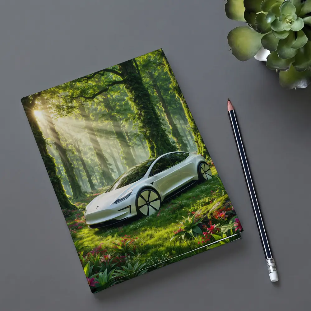 Tesla Model 3 White In Sunlit Forest – Notebooks