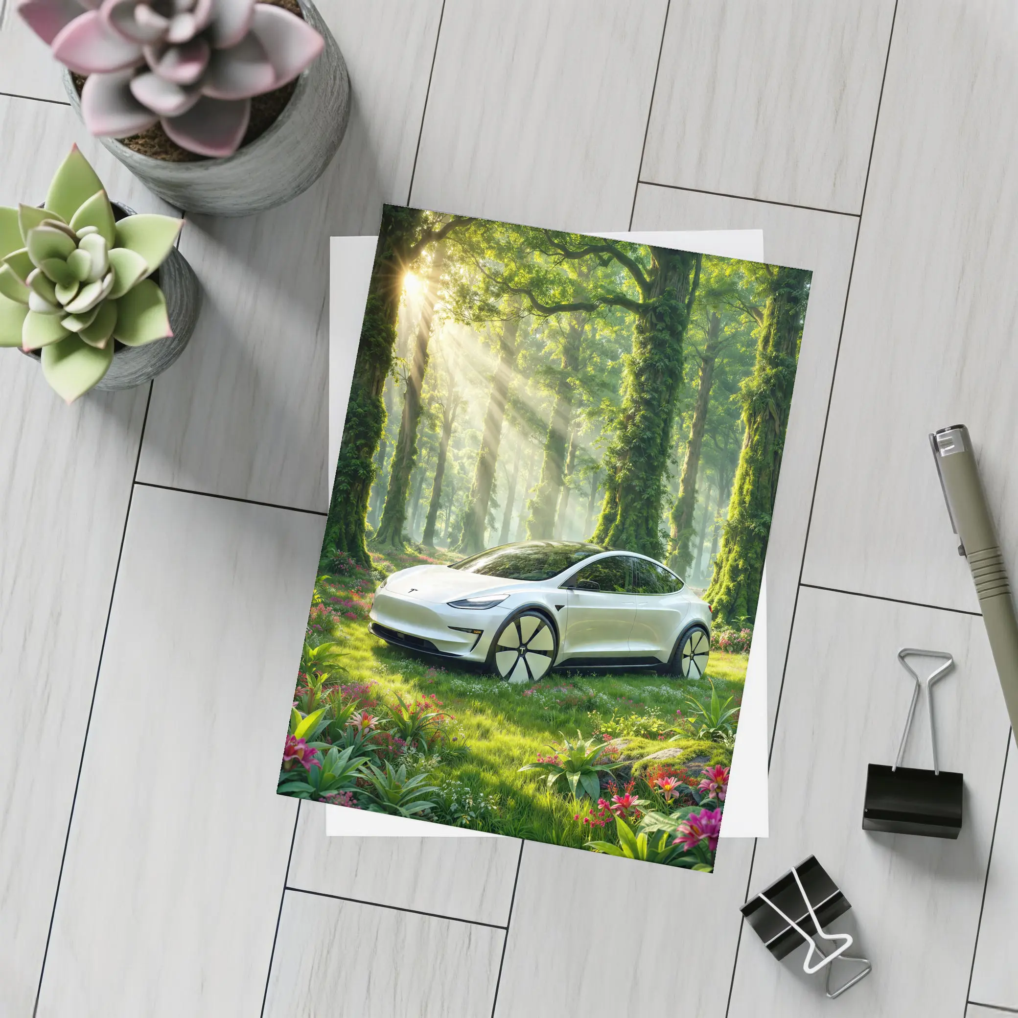 Tesla Model 3 White In Sunlit Forest – Postcards