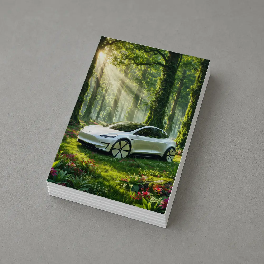 Tesla Model 3 White In Sunlit Forest – Postcards