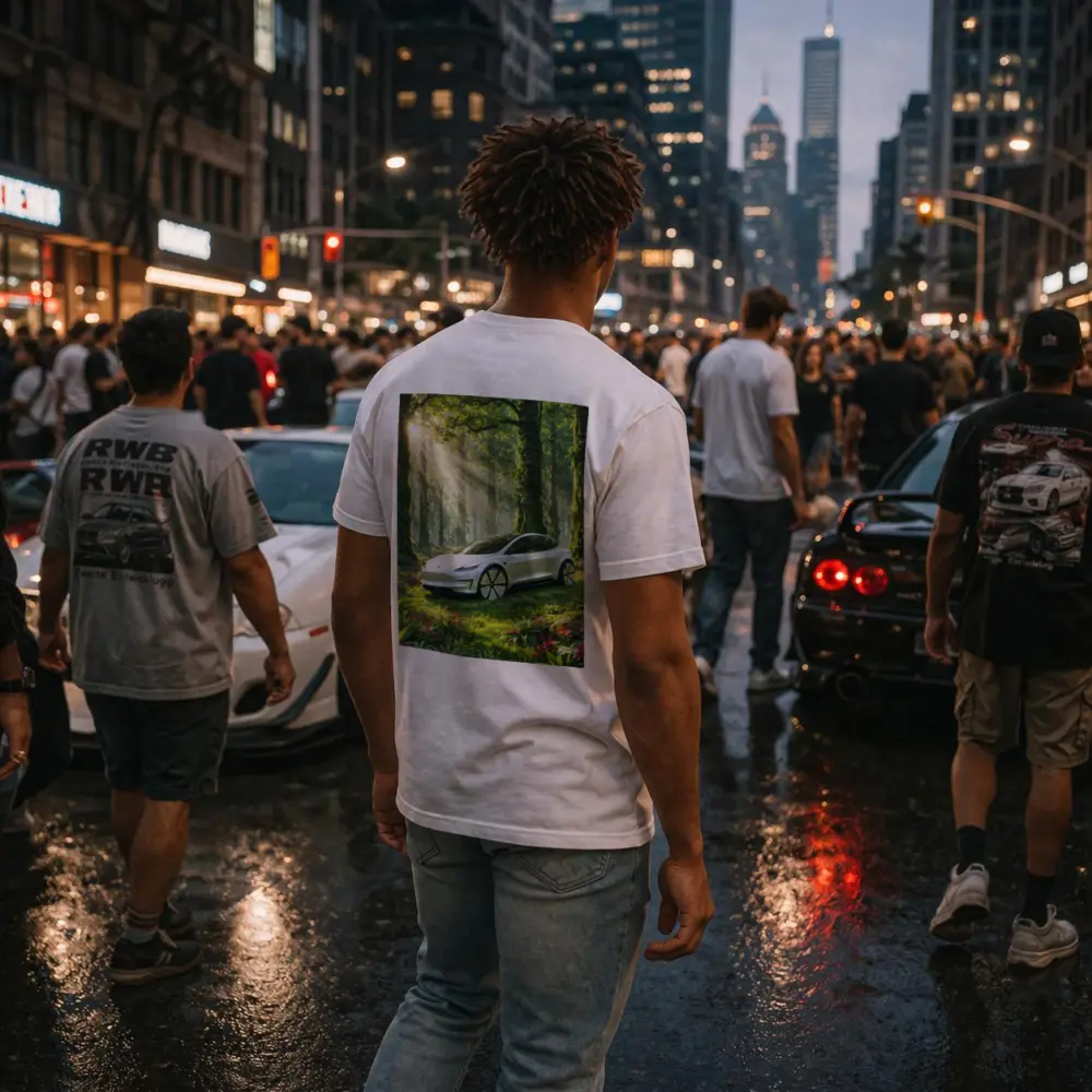 Tesla Model 3 White In Sunlit Forest – T-Shirts