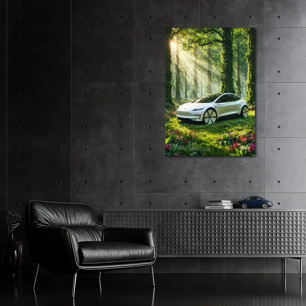 Tesla Model 3 White In Sunlit Forest – Wall Art