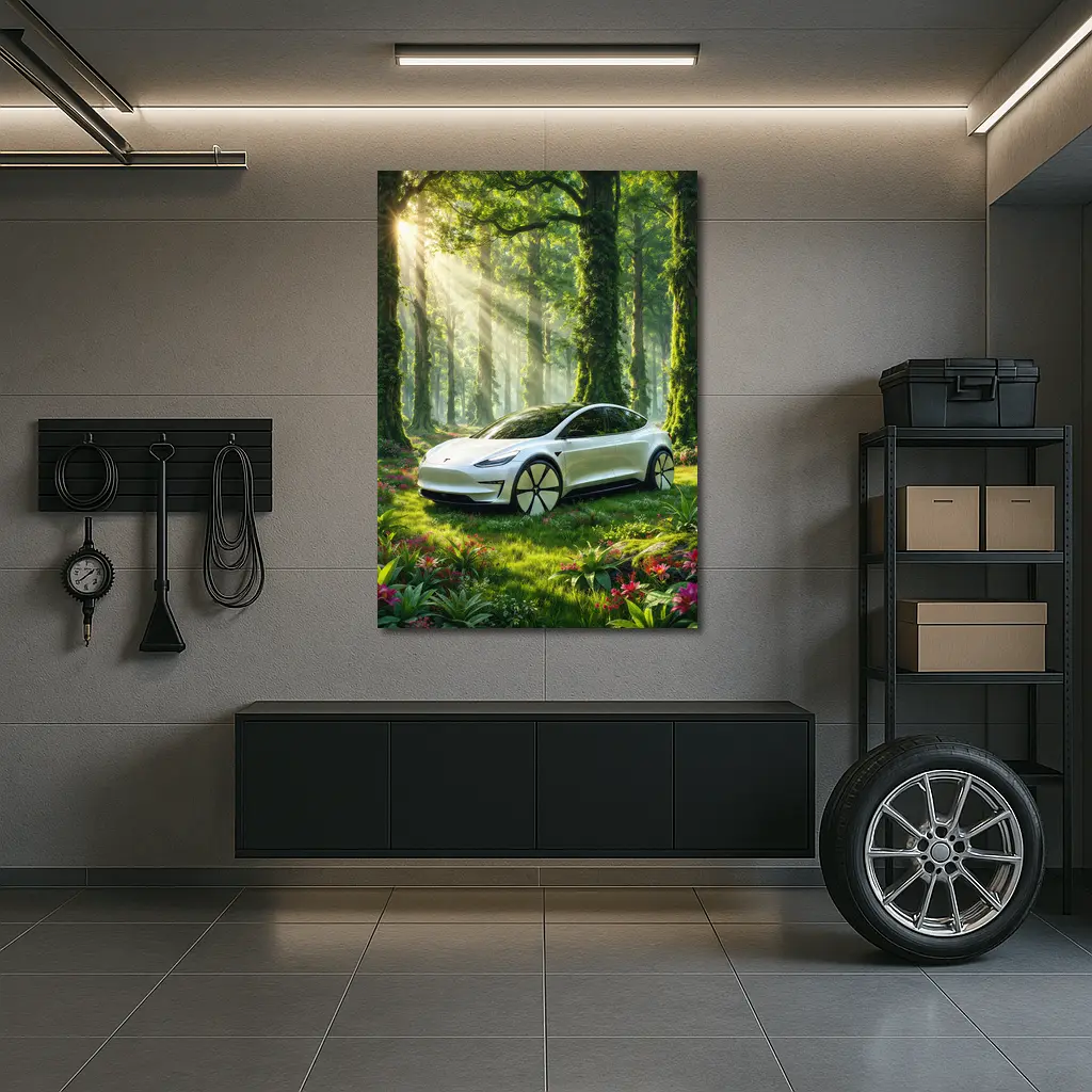 Tesla Model 3 White In Sunlit Forest – Wall Art