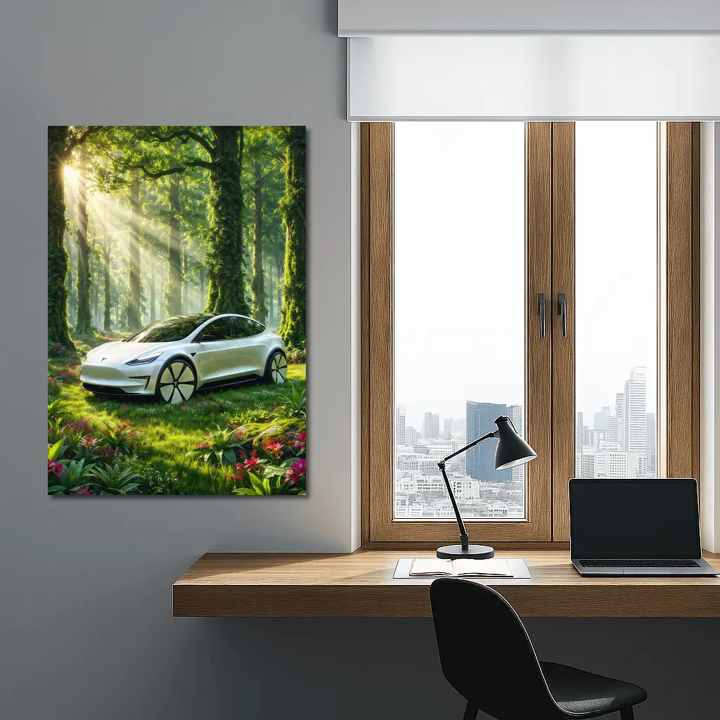 Tesla Model 3 White In Sunlit Forest – Wall Art