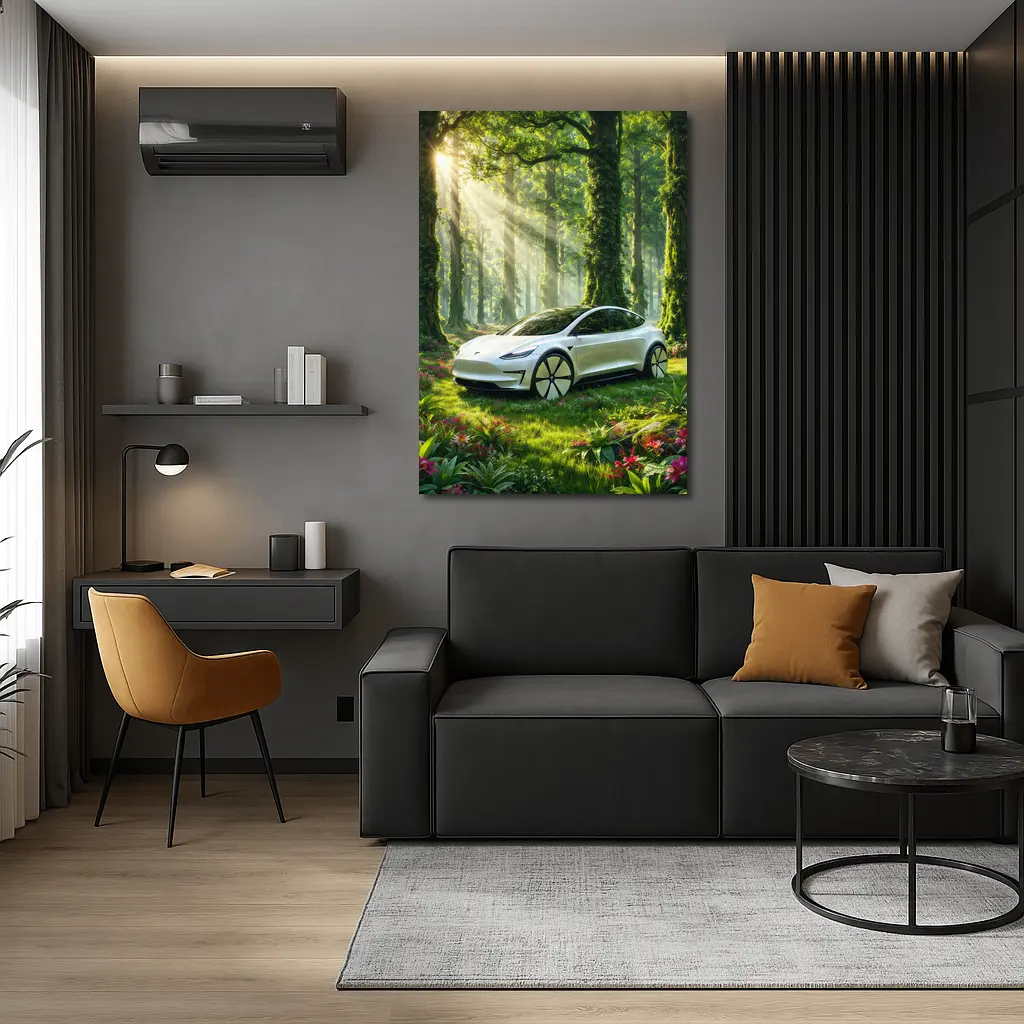 Tesla Model 3 White In Sunlit Forest – Wall Art