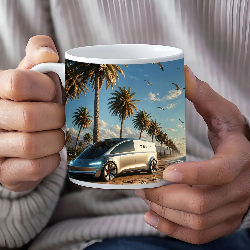 Tesla Van Concept Beach Palm Trees – Mugs