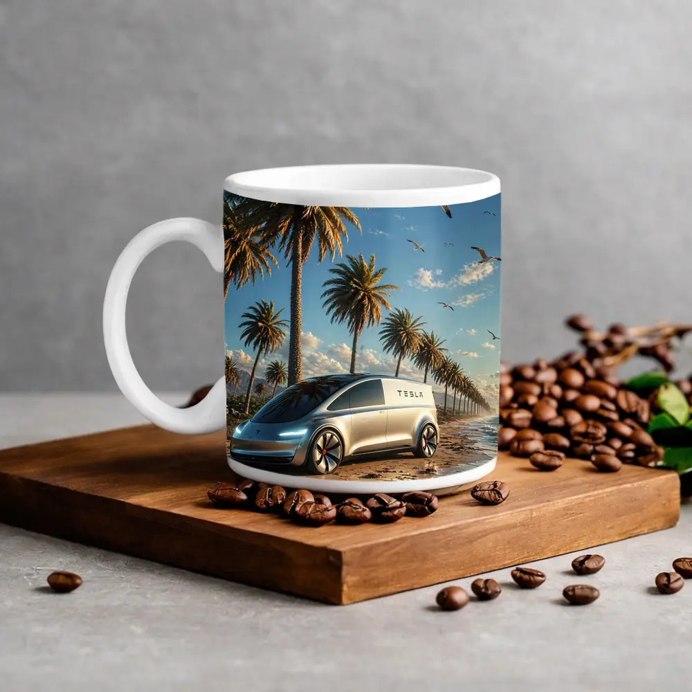 Tesla Van Concept Beach Palm Trees – Mugs