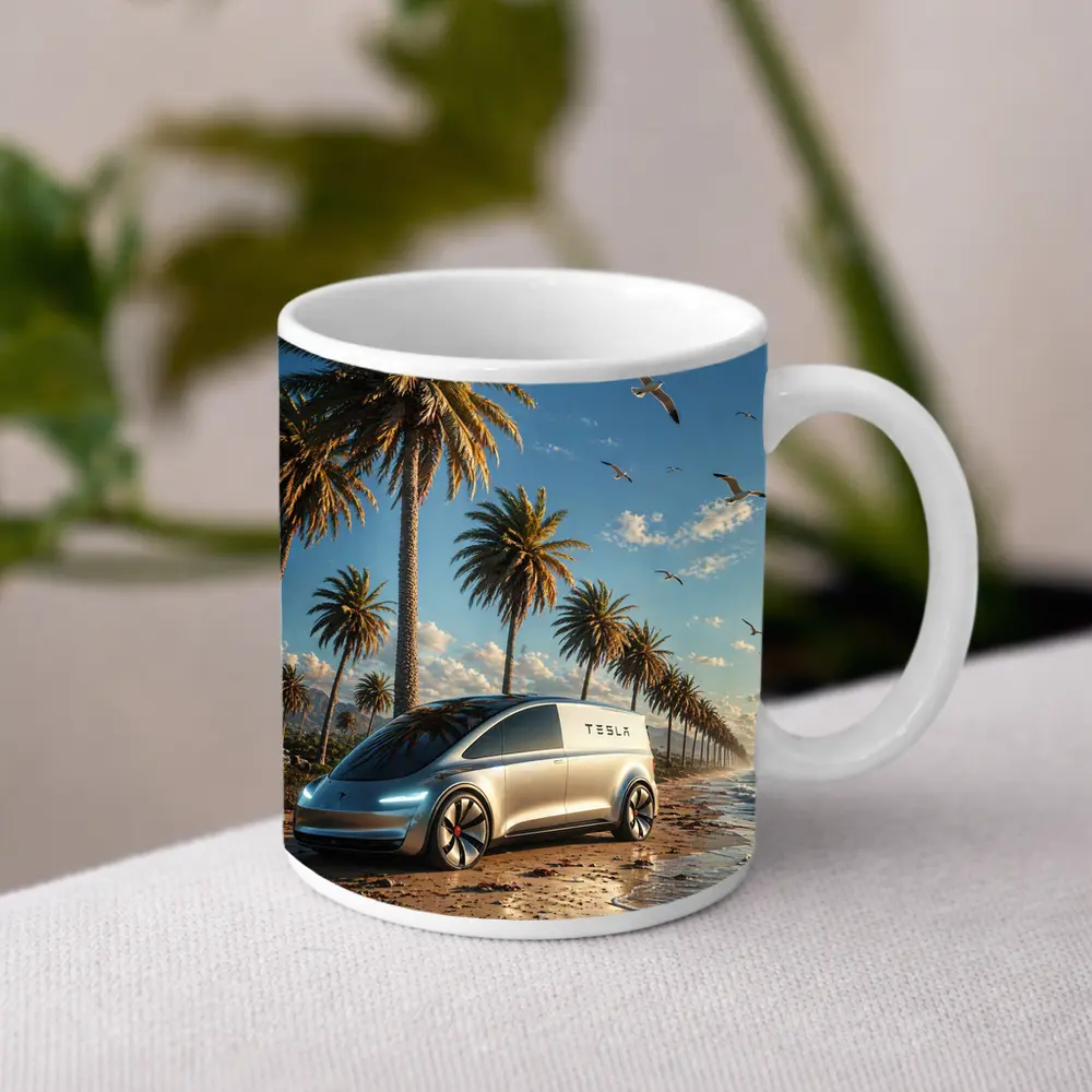Tesla Van Concept Beach Palm Trees – Mugs
