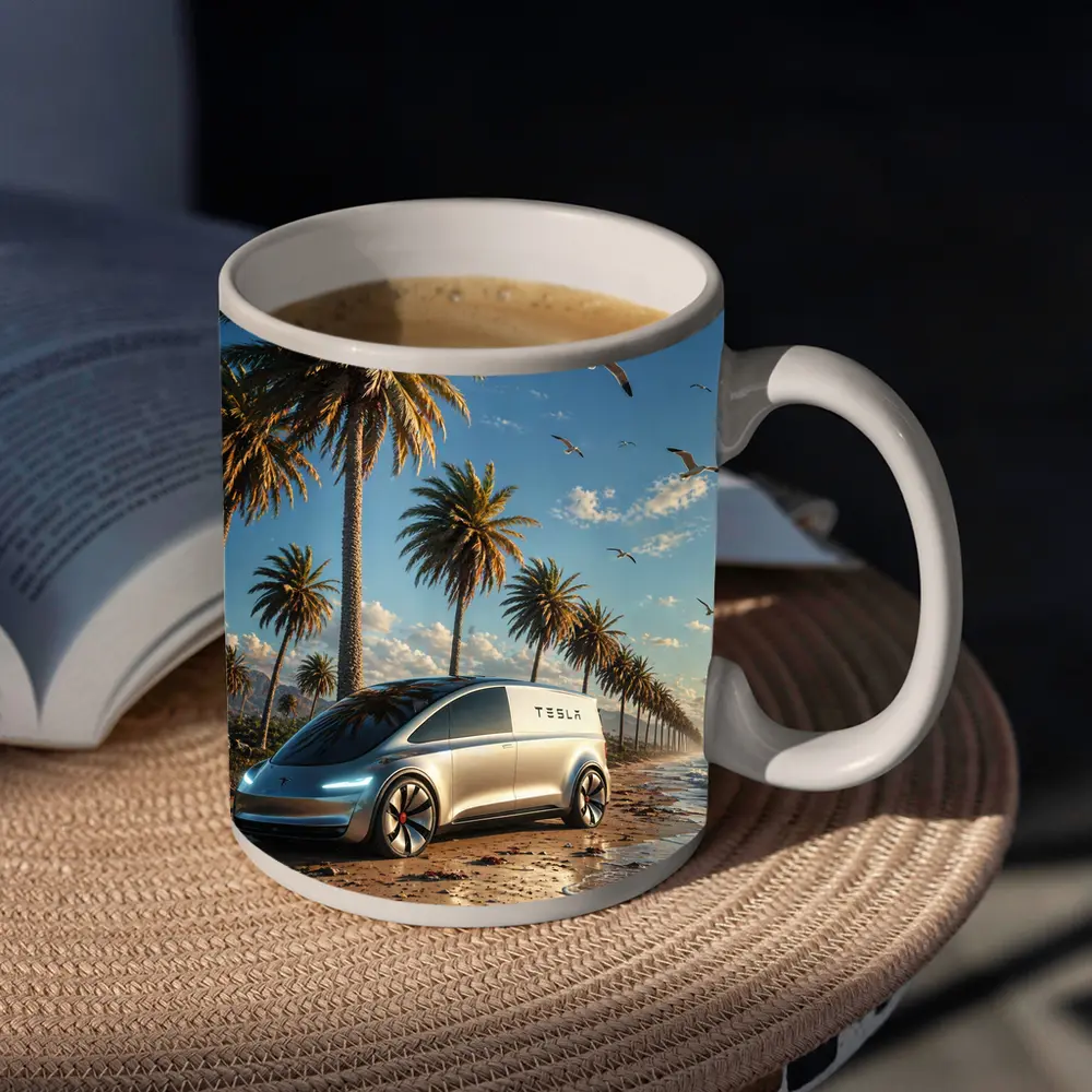 Tesla Van Concept Beach Palm Trees – Mugs