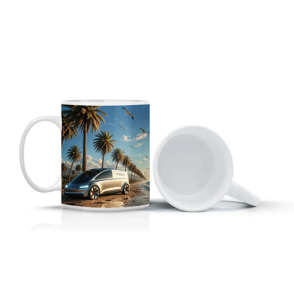 Tesla Van Concept Beach Palm Trees – Mugs