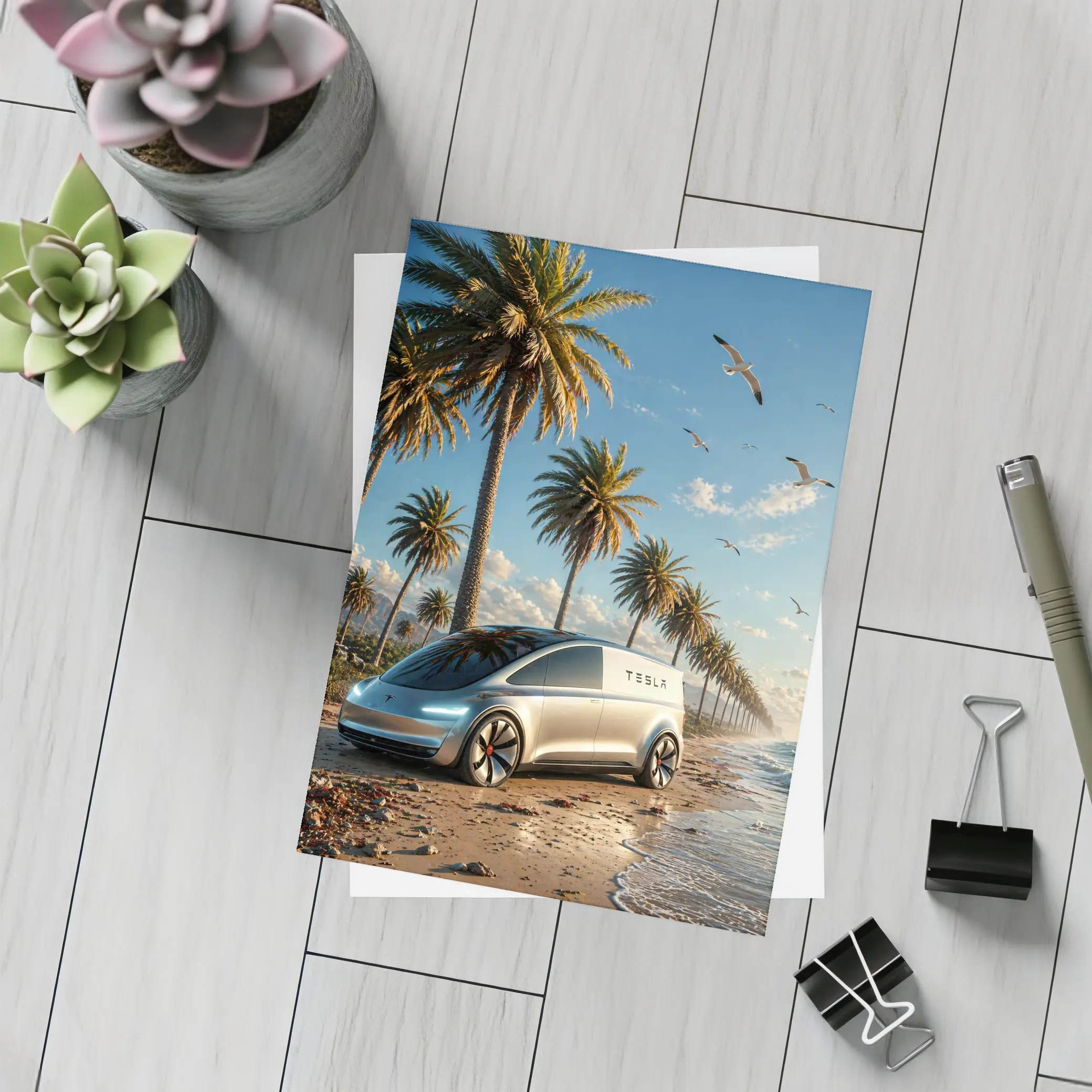 Tesla Van Concept Beach Palm Trees – Postcards