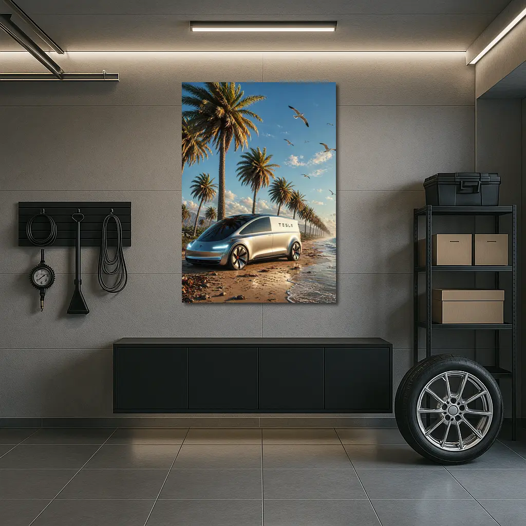 Tesla Van Concept Beach Palm Trees – Wall Art