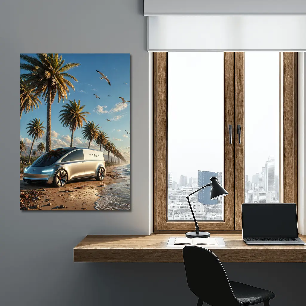 Tesla Van Concept Beach Palm Trees – Wall Art