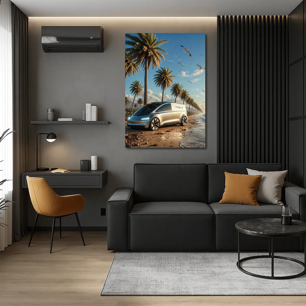 Tesla Van Concept Beach Palm Trees – Wall Art