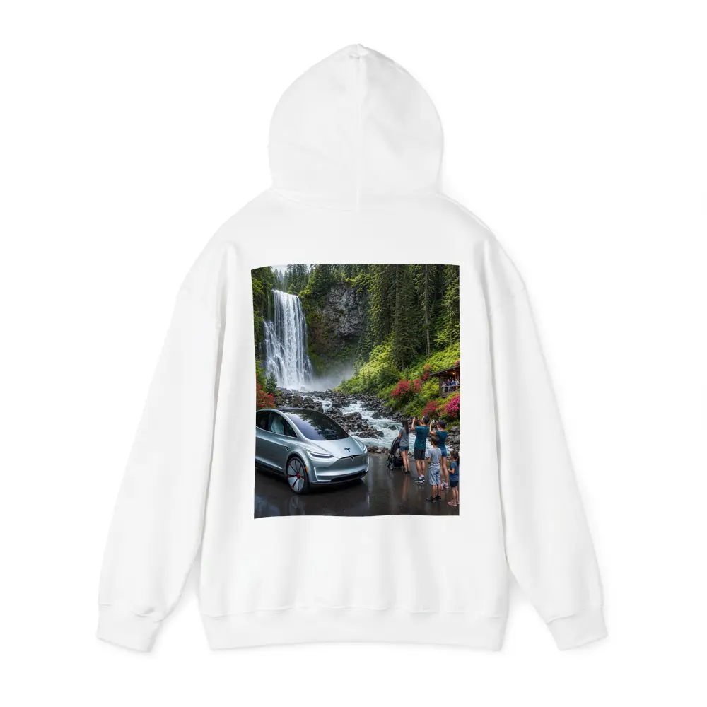 Tesla Model Y Silver At Forest Waterfall – Hoodies